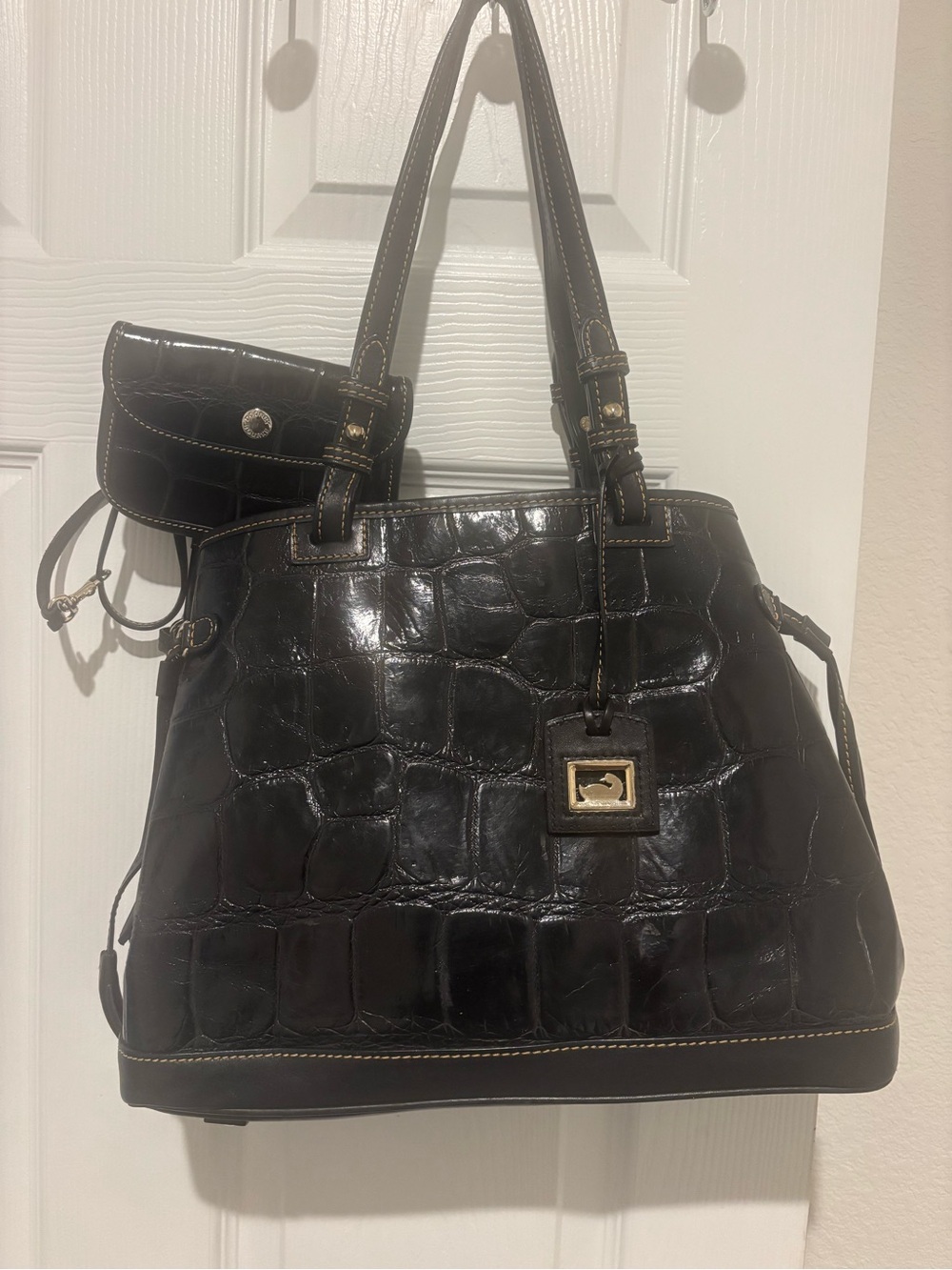 Vintage Dooney & Bourke Black Croc-Embossed Leather Tote with Coin Pouch